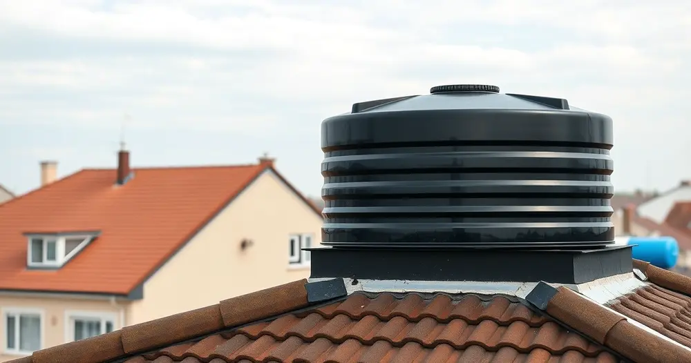 Caixa d'água plástica preta instalada em laje de residência sob céu limpo
