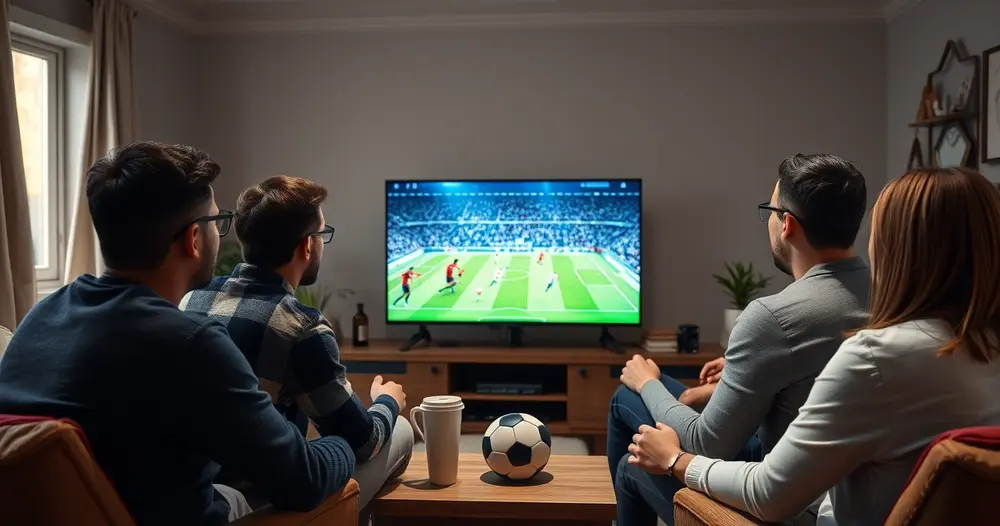 torcedores reunidos assistindo clássico de futebol na televisão